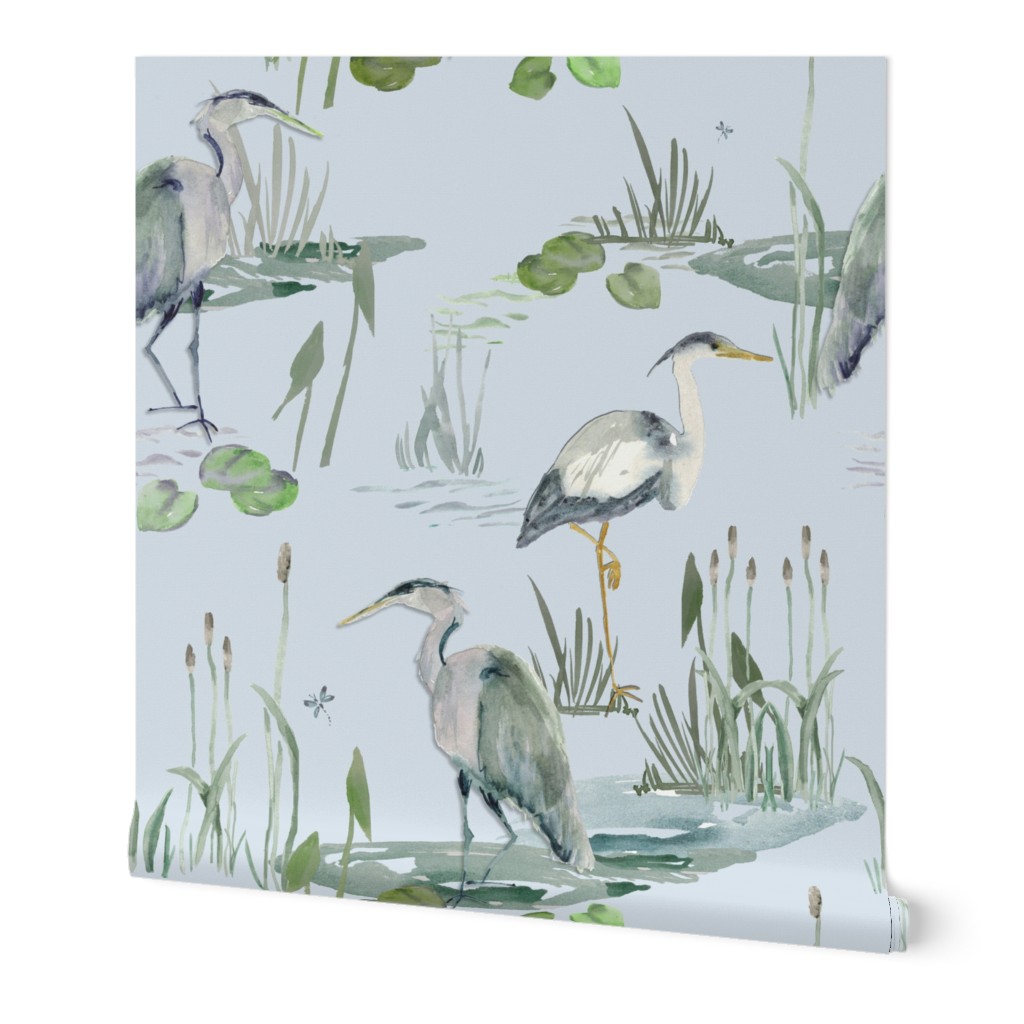 Herons Light Blue,  Bird Wallpaper, Large Water Birds Fabric