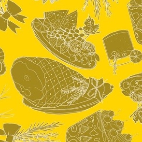 christmas lunch scattered toile -  yellow