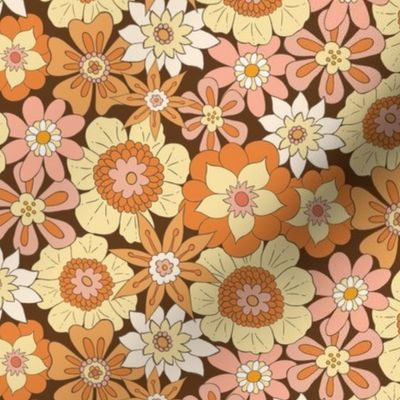 Retro Mod Flowers - Small Scale - Dark Brown Background Groovy Boho Hippies 60s 70s