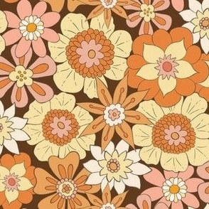 Retro Mod Flowers - Small Scale - Dark Brown Background Groovy Boho Hippies 60s 70s