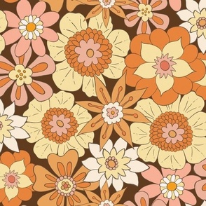 Retro Mod Flowers - Medium Scale - Dark Brown Background Groovy Boho Hippies 60s 70s