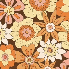 Retro Mod Flowers - Large Scale - Dark Brown Background Groovy Boho Hippies 60s 70s