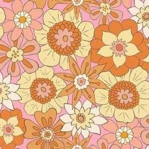 Retro Mod Flowers - small Scale - Pink Background Groovy Boho Flower Power Floral60s 70s