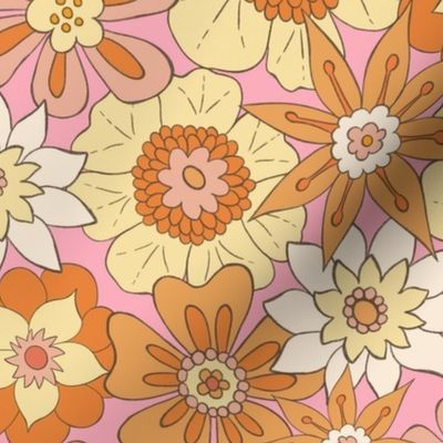 Retro Mod Flowers - Medium Scale - Pink Background Groovy Boho Hippies 60s 70s