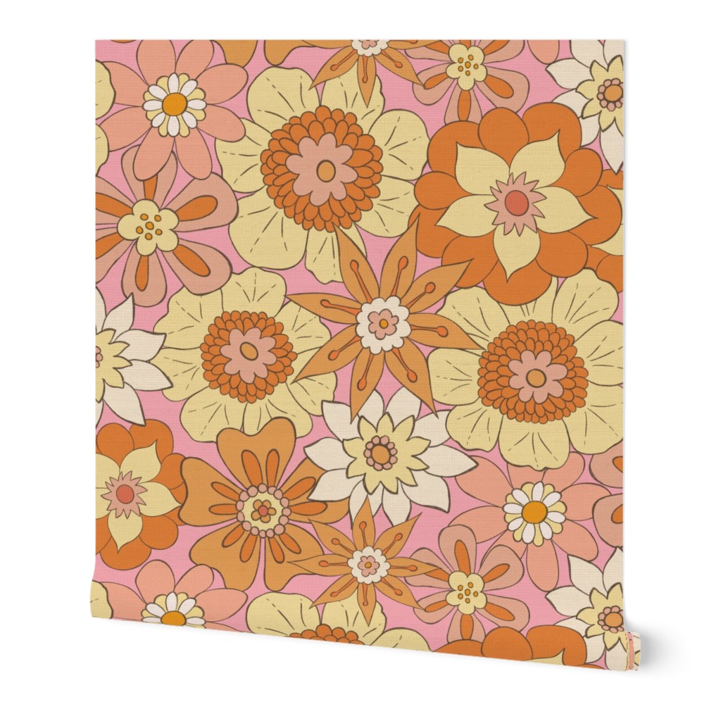 Retro Mod Flowers - Large Scale - Pink Background Groovy Boho vintage 60s 70s