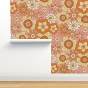 Retro Mod Flowers - Large Scale - Pink Background Groovy Boho vintage 60s 70s