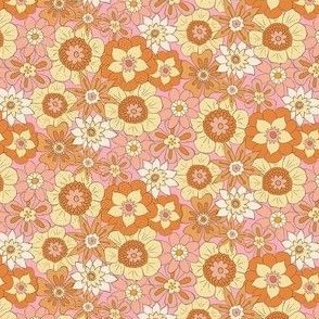 Retro Mod Flowers - ditsy Scale - Pink Background Groovy Boho Hippies 60s 70s