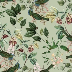 Vintage tropical Branches green Leaves and colorful   antique birds, Nostalgic bird, Tropical fabric, grey green