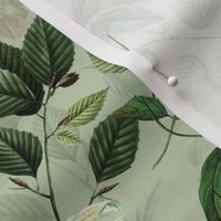 Vintage tropical Branches green Leaves and colorful   antique birds, Nostalgic bird, Tropical fabric, grey green - double layer