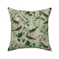 Vintage tropical Branches green Leaves and colorful   antique birds, Nostalgic bird, Tropical fabric, grey green - double layer