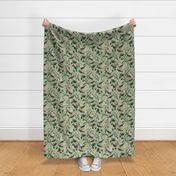 Vintage tropical Branches green Leaves and colorful   antique birds, Nostalgic bird, Tropical fabric, grey green - double layer