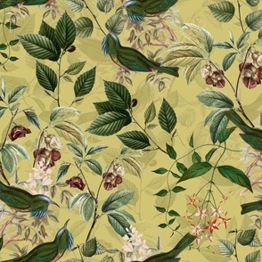 Vintage tropical Branches green Leaves and colorful   antique birds, Nostalgic bird, Tropical fabric, sage green - double layer
