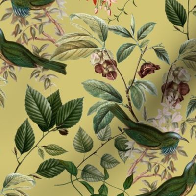 Vintage tropical Branches green Leaves and colorful   antique birds, Nostalgic bird, Tropical fabric, sage green