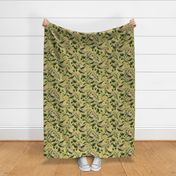 Vintage tropical Branches green Leaves and colorful   antique birds, Nostalgic bird, Tropical fabric, sage green