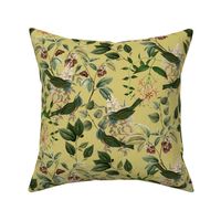 Vintage tropical Branches green Leaves and colorful   antique birds, Nostalgic bird, Tropical fabric, sage green