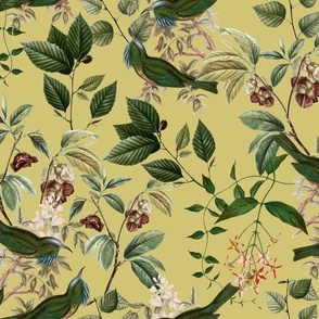 Vintage tropical Branches green Leaves and colorful   antique birds, Nostalgic bird, Tropical fabric, sage green