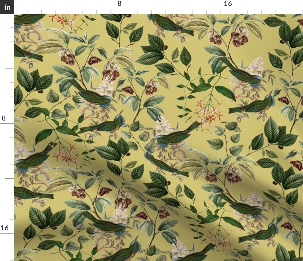 Vintage tropical Branches green Leaves and colorful   antique birds, Nostalgic bird, Tropical fabric, sage green