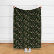 Vintage tropical Branches green Leaves and colorful   antique birds, Nostalgic bird, Tropical fabric, black - double layer