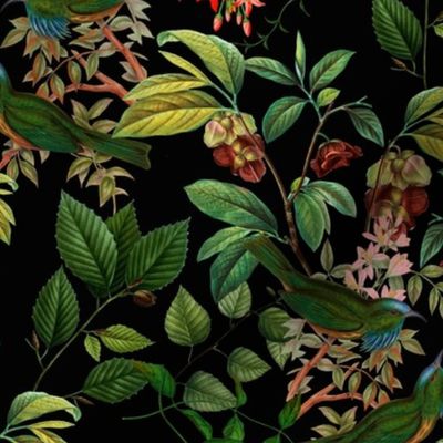 Vintage tropical Branches green Leaves and colorful   antique birds, Nostalgic bird, Tropical fabric, black - double layer