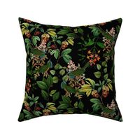 Vintage tropical Branches green Leaves and colorful   antique birds, Nostalgic bird, Tropical fabric, black - double layer