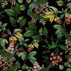 Vintage tropical Branches green Leaves and colorful   antique birds, Nostalgic bird, Tropical fabric, black - double layer