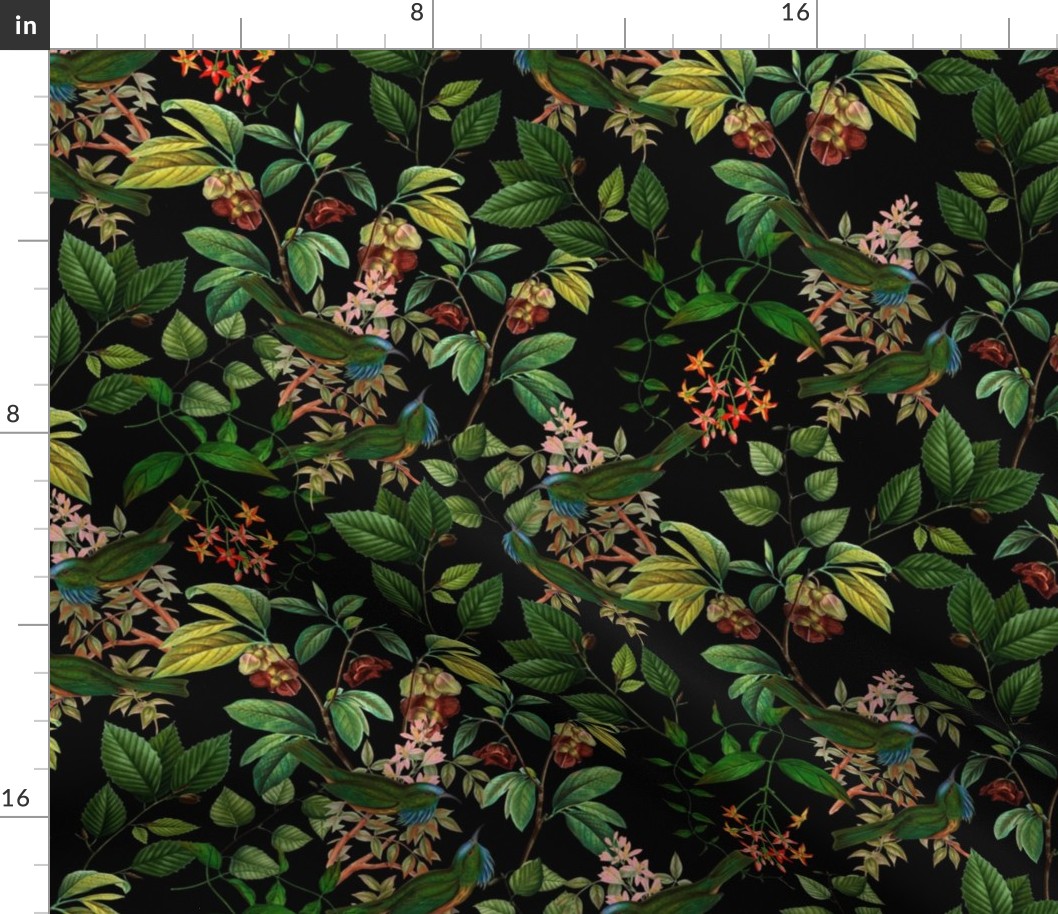 Vintage tropical Branches green Leaves and colorful   antique birds, Nostalgic bird, Tropical fabric, black - double layer