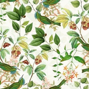 Vintage tropical Branches green Leaves and colorful   antique birds, Nostalgic bird, Tropical fabric, off white - double layer