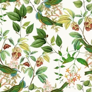 Vintage tropical Branches green Leaves and colorful   antique birds, Nostalgic bird, Tropical fabric,off white