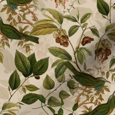 Vintage tropical Branches green Leaves and colorful   antique birds, Nostalgic bird, Tropical fabric, beige sepia tanned - double layer