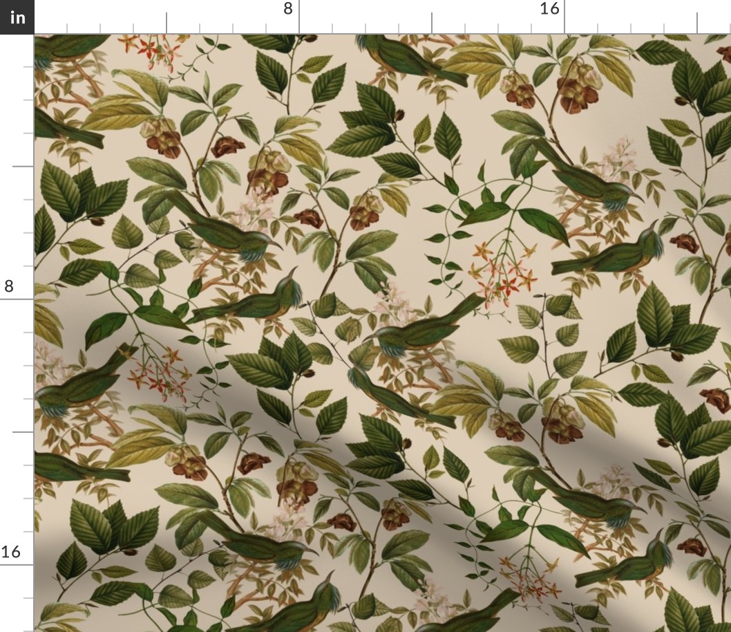 Vintage tropical Branches green Leaves and colorful   antique birds, Nostalgic bird, Tropical fabric, beige