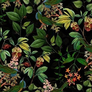 Vintage tropical Branches green Leaves and colorful   antique birds, Nostalgic bird, Tropical fabric,  night black - double layer