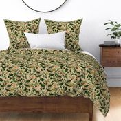Vintage tropical Branches green Leaves and colorful   antique birds, Nostalgic bird, Tropical fabric, beige - double layer