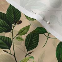 Vintage tropical Branches green Leaves and colorful   antique birds, Nostalgic bird, Tropical fabric, beige - double layer