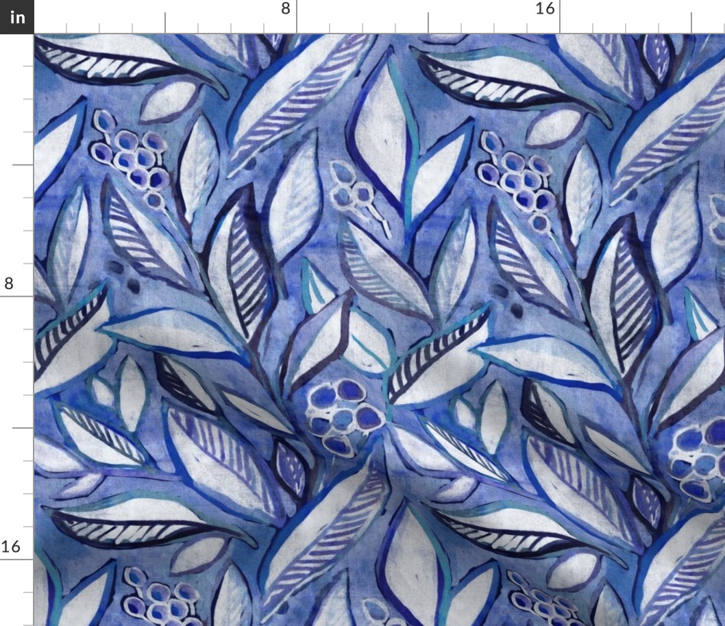 Textured Painted Leaves in Royal Blue Purple and Grey - small