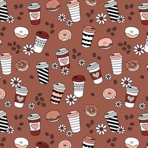 Pumpkin spice latte to go cups coffee donuts and daisies boho cutesie drinks pattern seventies vintage rust red blush