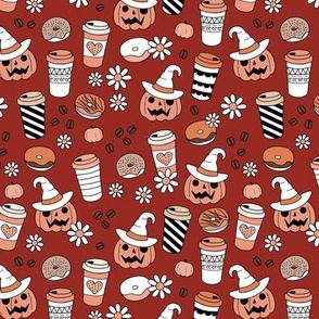 Pumpkin spice and halloween witch fall coffee cups to go boho cutesie vintage drinks and daisies autumn blossom orange on maroon red