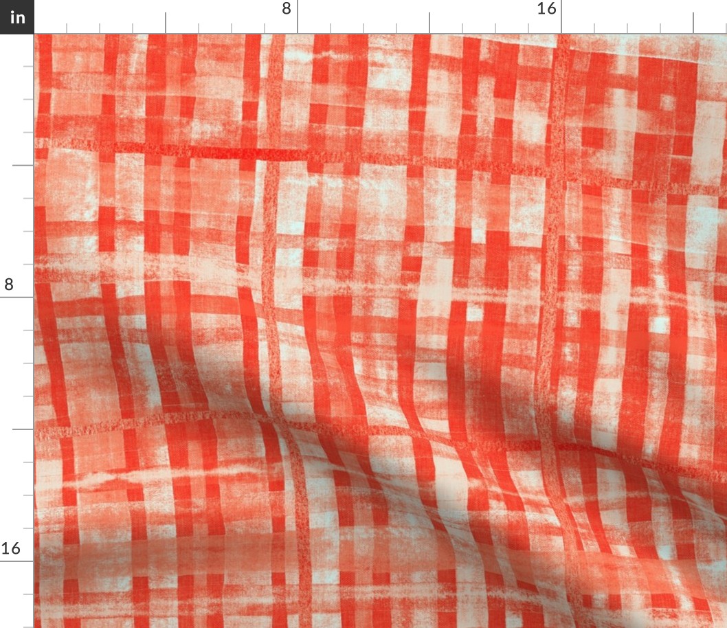 Distressed Gouache Irregular Checkered Pattern in Coral Red and Cream