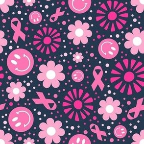 Medium Scale Pink Ribbon Breast Cancer Awareness and Support Retro Smile Faces Sunshine and Flowers on Navy