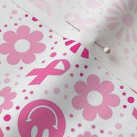 Medium Scale Pink Ribbon Breast Cancer Awareness and Support Retro Smile Faces Sunshine and Flowers on White