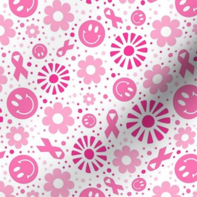 Medium Scale Pink Ribbon Breast Cancer Awareness and Support Retro Smile Faces Sunshine and Flowers on White
