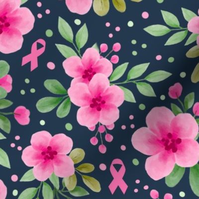 Large Scale Pink Ribbons Breast Cancer Awareness and Support Watercolor Flower Floral on Navy
