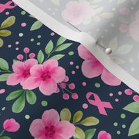 Medium Scale Pink Ribbons Breast Cancer Awareness and Support Watercolor Flower Floral on Navy
