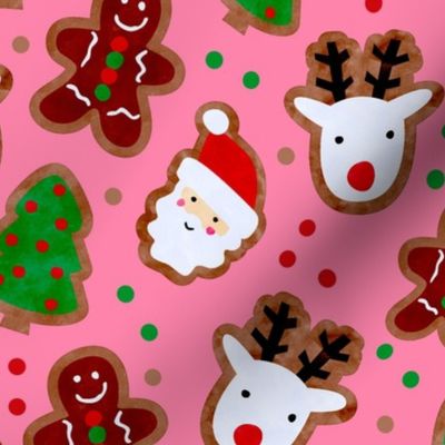 Large Scale Frosted Holiday Cookies Gingerbread Reindeer Santa Christmas Trees on Pink