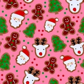 Medium Scale Frosted Holiday Cookies Gingerbread Reindeer Santa Christmas Trees on Pink