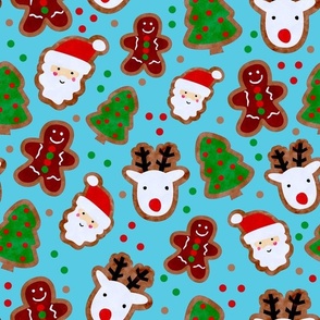 Large Scale Frosted Holiday Cookies Gingerbread Reindeer Santa Christmas Trees on Blue