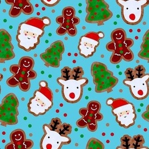Medium Scale Frosted Holiday Cookies Gingerbread Reindeer Santa Christmas Trees on Blue
