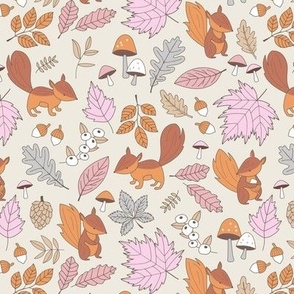 Cheeky squirrels and leaves mushrooms toadstools and acorns seventies vintage style forest woodland pink orange beige tan 