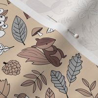 Cheeky squirrels and leaves mushrooms toadstools and acorns seventies vintage style forest woodland beige brown tan gray neutrals