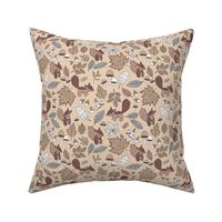 Cheeky squirrels and leaves mushrooms toadstools and acorns seventies vintage style forest woodland beige brown tan gray neutrals