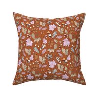Cheeky squirrels and leaves mushrooms toadstools and acorns seventies vintage style forest woodland pink orange blush on sienna
